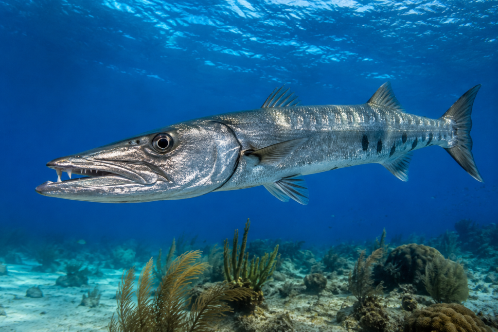 Great barracuda swimming above a coral reef in clear tropical ocean water, showing its streamlined body and sharp teeth.
