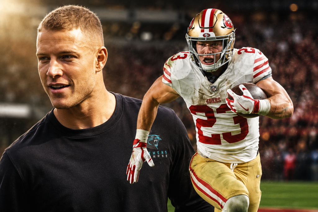 Christian McCaffrey at 30: Can the 49ers’ $38M Engine Survive Another 400-Touch Strain? Christian McCaffrey in a composite image featuring a close-up portrait alongside an action shot of the San Francisco 49ers running back carrying the football during an NFL game.