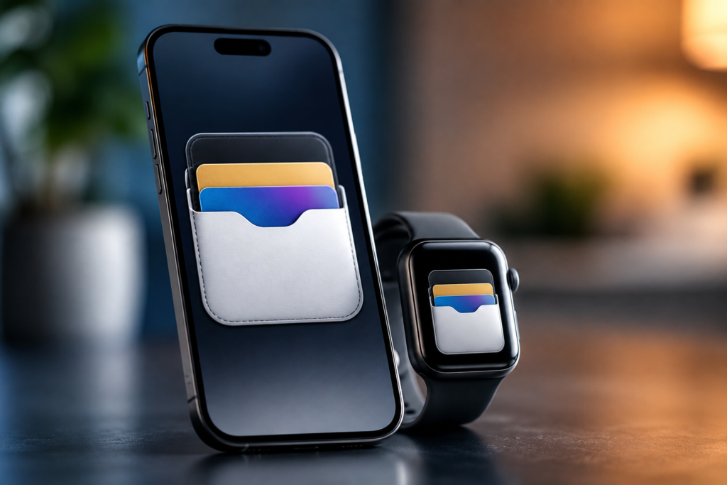 Fixing “Unable to Connect to Apple Wallet Services”: Causes and Solutions for Apple Pay Outage Apple Wallet displayed on an iPhone and Apple Watch in a modern digital wallet concept image representing Apple Pay connectivity and troubleshooting.