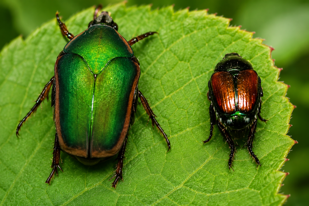 Green June beetle and Japanese beetle side by side on a green leaf showing their size, color, and body differences.