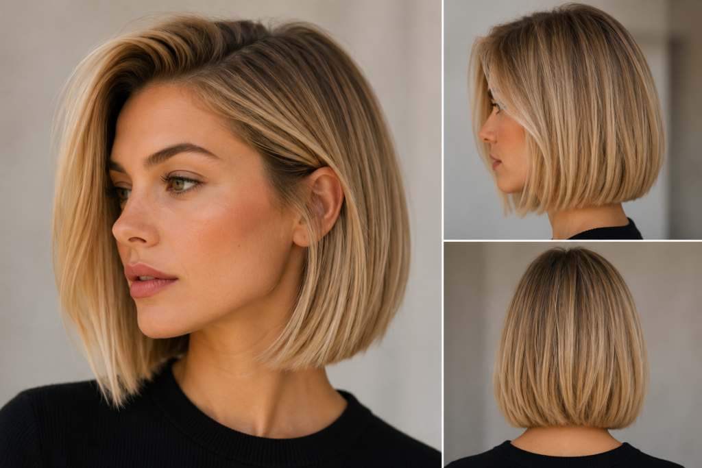 The Nordic Bob: The Minimalist Haircut That Makes Fine Hair Look Instantly Fuller Nordic bob haircut featuring a sleek blunt cut with a deep side part, shown from the front, side, and back to highlight its clean Scandinavian-inspired shape.