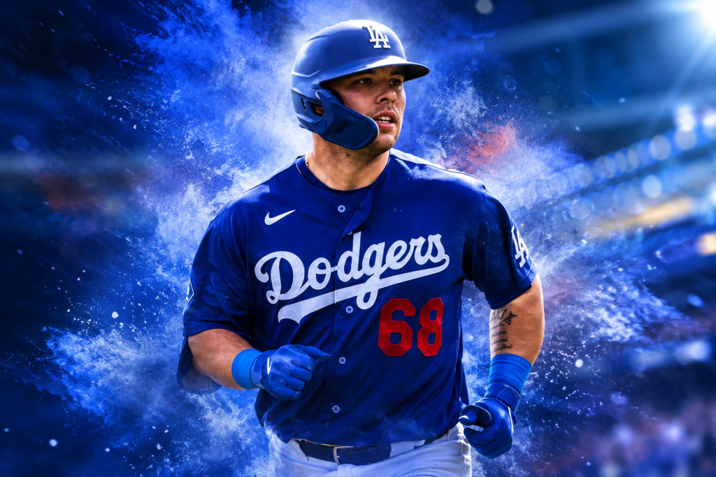 Stylized action portrait of Los Angeles Dodgers catcher Dalton Rushing running on the field, surrounded by dramatic blue smoke, stadium lights, and motion effects.