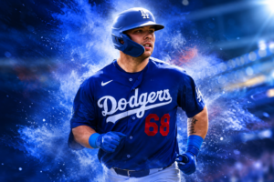 Who Is Dalton Rushing? Dodgers Catcher Making the Most of an Everyday Role Stylized action portrait of Los Angeles Dodgers catcher Dalton Rushing running on the field, surrounded by dramatic blue smoke, stadium lights, and motion effects.
