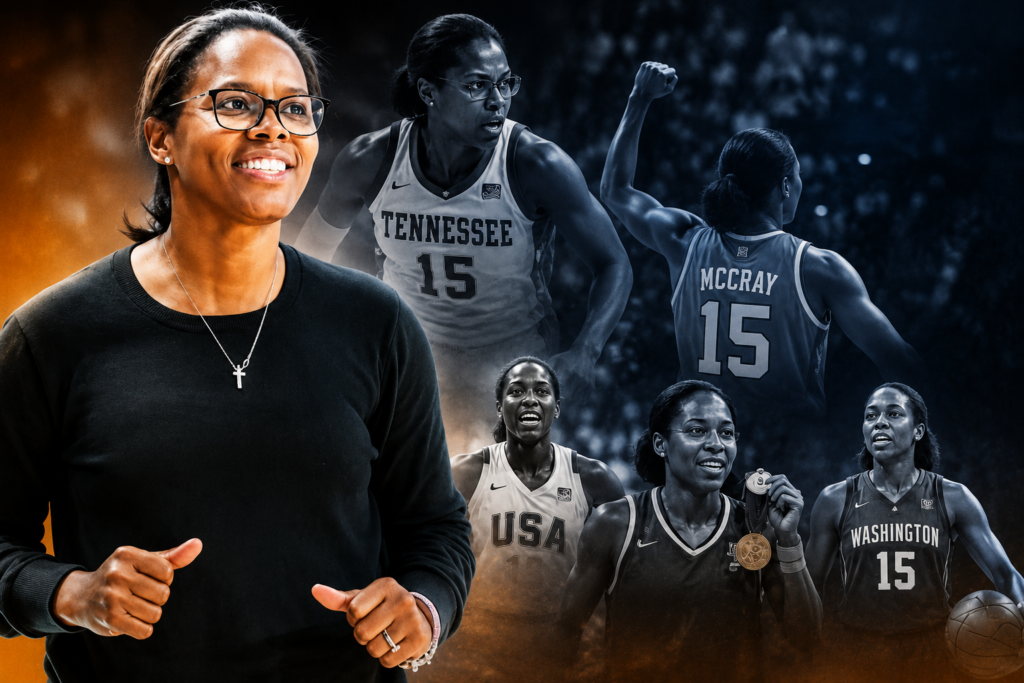 Who Is Nikki McCray? 2026 Hall of Fame Honor Explained Nikki McCray-Penson featured in a dynamic basketball collage with coaching and playing images highlighting her Olympic, WNBA, and college basketball legacy.
