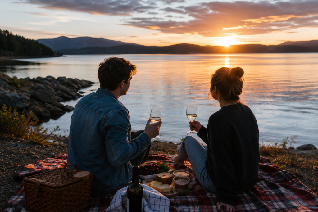 A happy couple enjoying a romantic sunset picnic by a peaceful lakeside with a wicker basket, wine glasses, and mountain views in the background.