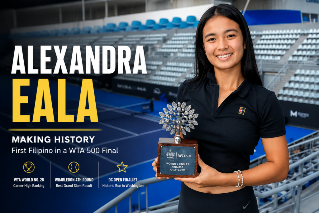 Alexandra Eala holding a trophy on a tennis court with a graphic highlighting her historic rise to the WTA Top 30 and first WTA 500 final.
