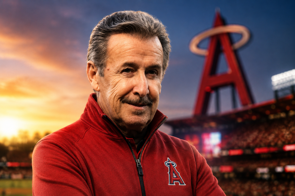 Arturo "Arte" Moreno, owner of the Los Angeles Angels, pictured in a baseball stadium-themed portrait reflecting the franchise's 2026 rebuilding era.