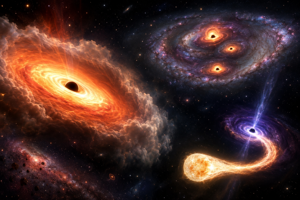 Illustration of multiple black holes in space, including glowing accretion disks, a galaxy containing three black holes, and a black hole tearing apart a nearby star.