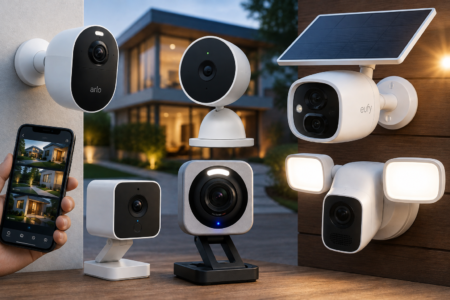 Best Home Security Cameras 2026: Which Smart Cam Actually Deserves Your Money? Top home security cameras arranged around a modern house, featuring indoor, outdoor, solar-powered, and smart security camera options.