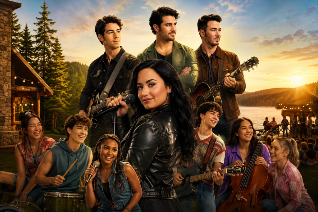 Camp Rock 3 Delivers Surprise Demi Lovato Cameo as Disney+ Streaming Begins Camp Rock 3 cast performing music at a lakeside summer camp