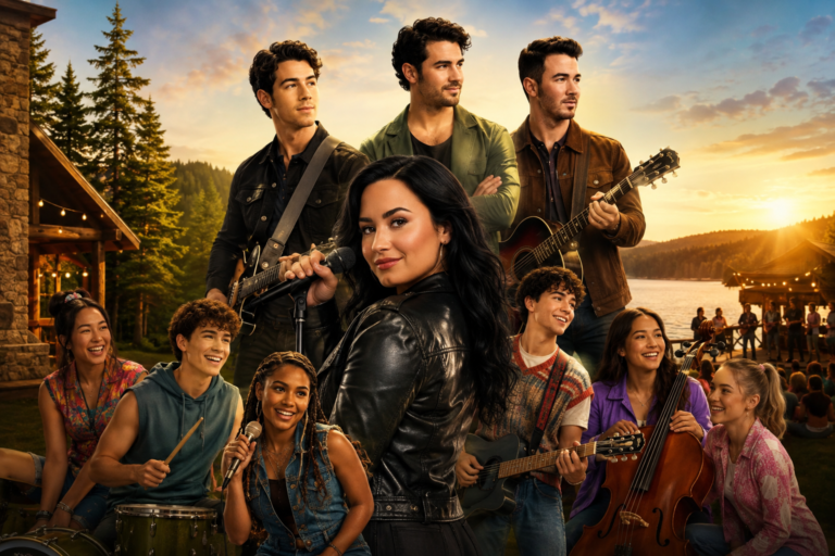 Camp Rock 3 Delivers Surprise Demi Lovato Cameo as Disney+ Streaming Begins Camp Rock 3 cast performing music at a lakeside summer camp