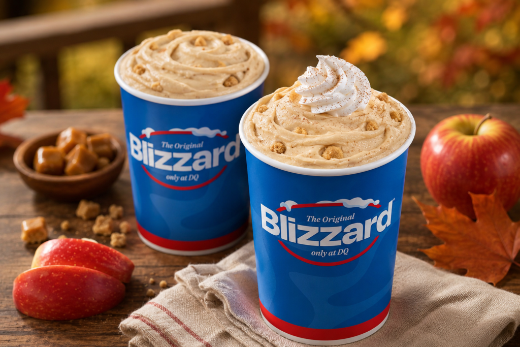 Dairy Queen’s Caramel Apple Cheesecake Blizzard Kicks Off Fall Flavor Season Two Dairy Queen Caramel Apple Cheesecake Blizzard treats displayed on a rustic wooden table with fresh apples, caramel pieces, and autumn leaves against a warm fall background.