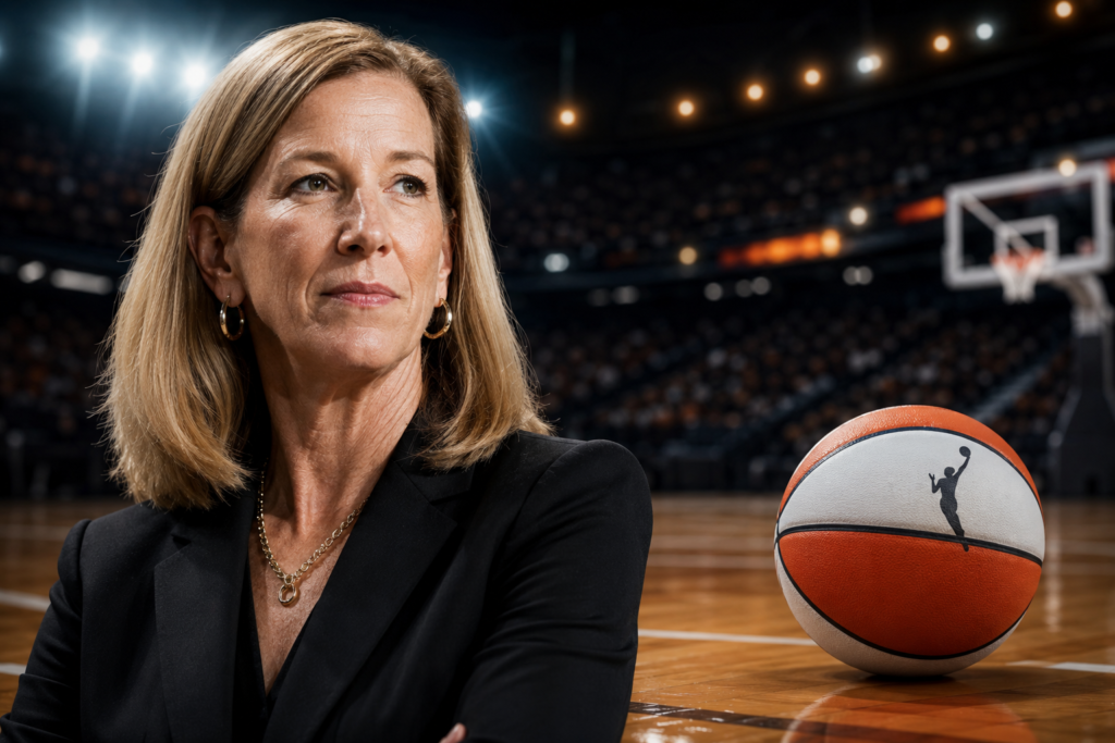 Cathy Engelbert Confronts WNBA’s Toughest Test Yet as Transgender Debate Collides With Record Growth Cathy Engelbert standing on a basketball court with a WNBA arena in the background