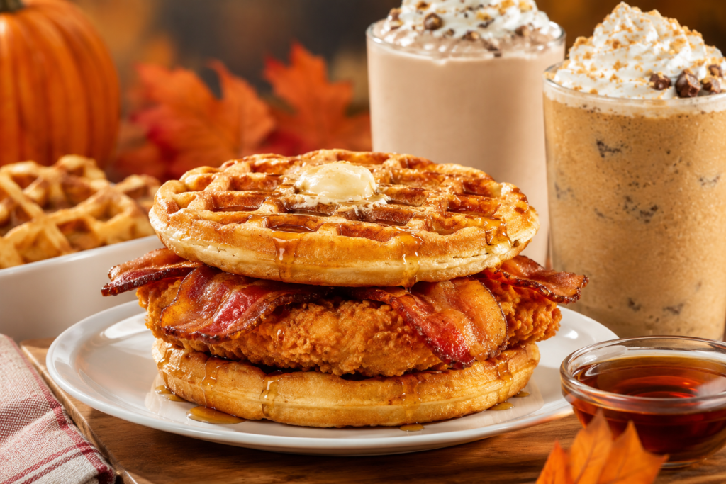 Chick-fil-A’s Chicken and Waffles Sandwiches Are Coming to Every Restaurant on August 24 Chick-fil-A-style chicken and waffles sandwich with crispy chicken, bacon, maple waffles, syrup and seasonal drinks