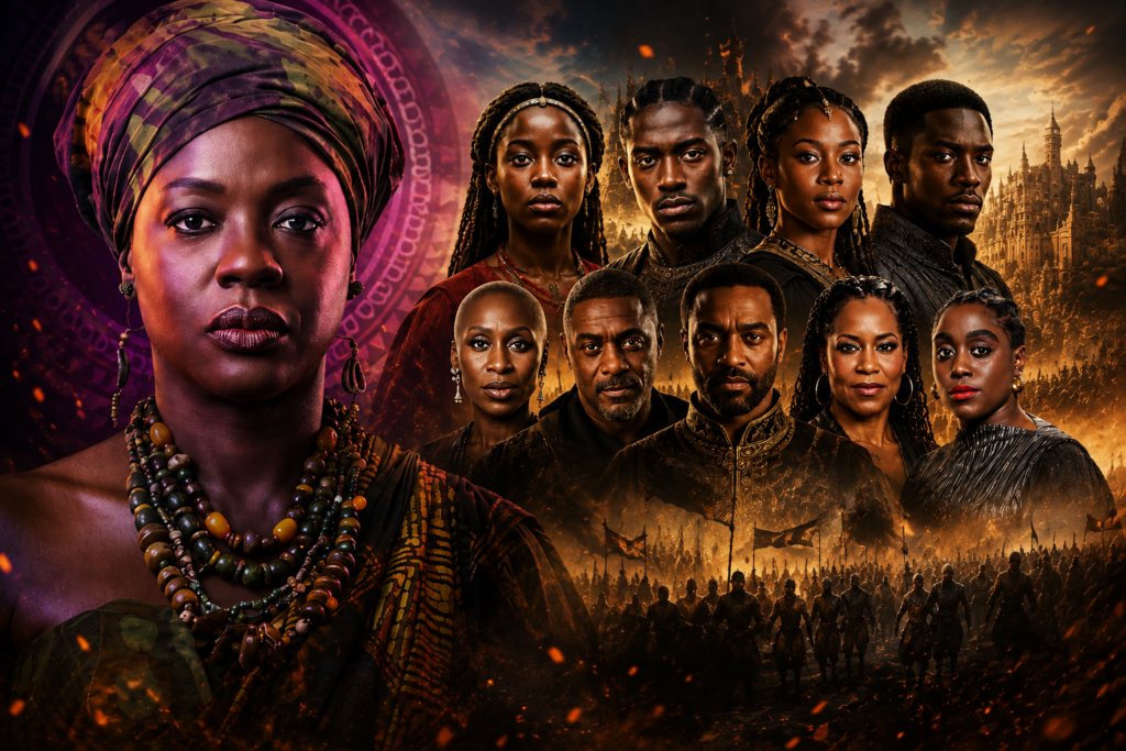 Children of Blood and Bone Cast: Trailer Reveals Every Actor and Character Ahead of the 2027 Release Cinematic collage featuring the main cast of Children of Blood and Bone, with Viola Davis prominently in the foreground and the ensemble set against a fantasy kingdom and battlefield backdrop.