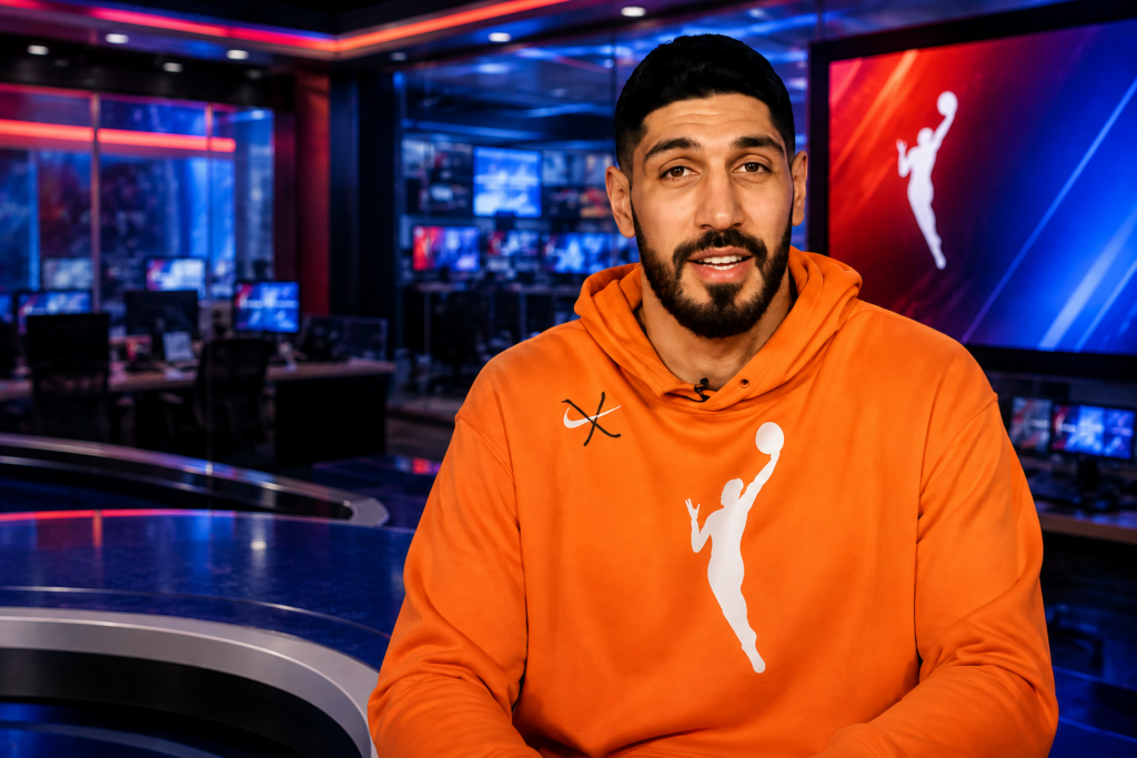 Enes Kanter Freedom Declares for 2027 WNBA Draft, Testing League’s Undefined Eligibility Rules Enes Kanter Freedom in an orange hoodie seated in a modern television newsroom with broadcast monitors in the background.