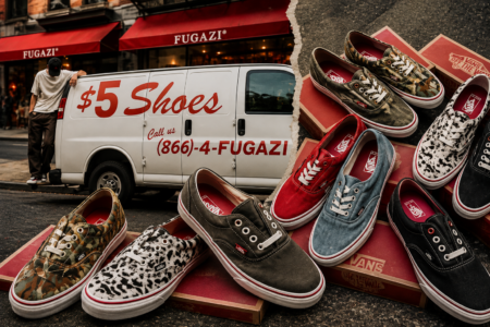 Fugazi’s Shelved Vans Collab Wraps Up With $5 Raffle Payouts Today Fugazi $5 Vans shoes displayed beside a branded van in a streetwear pop-up scene