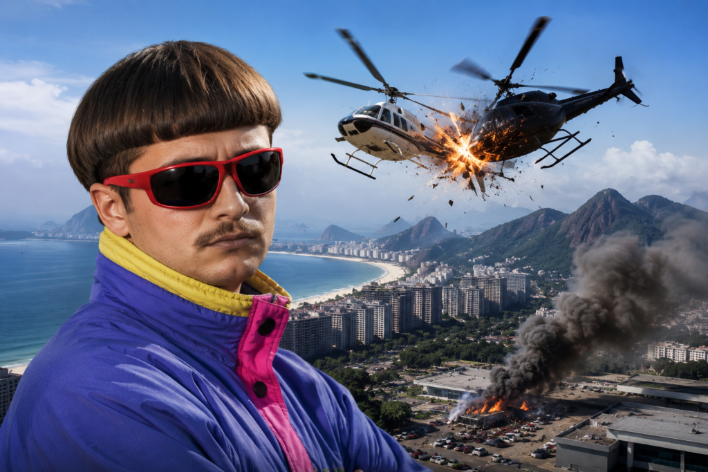 Oliver Tree portrait with two helicopters colliding over Rio de Janeiro