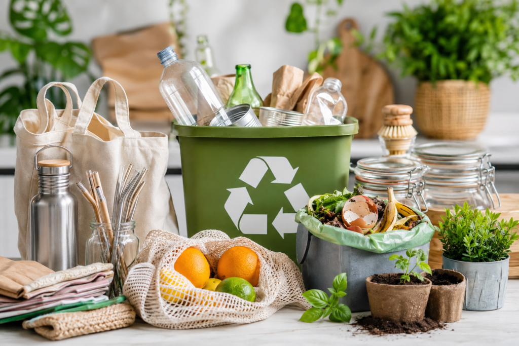 How to Reduce Waste at Home: A Complete Practical Guide Reusable household essentials including a recycling bin, compost container, reusable bags, glass jars, and eco-friendly kitchen items arranged in a modern sustainable home.
