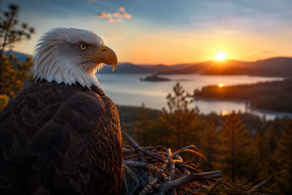 Jackie the Eagle Dies at 14 After Weeks-Long Battle With Unexplained Anemia Bald eagle perched on a nest overlooking Big Bear Lake at sunset.