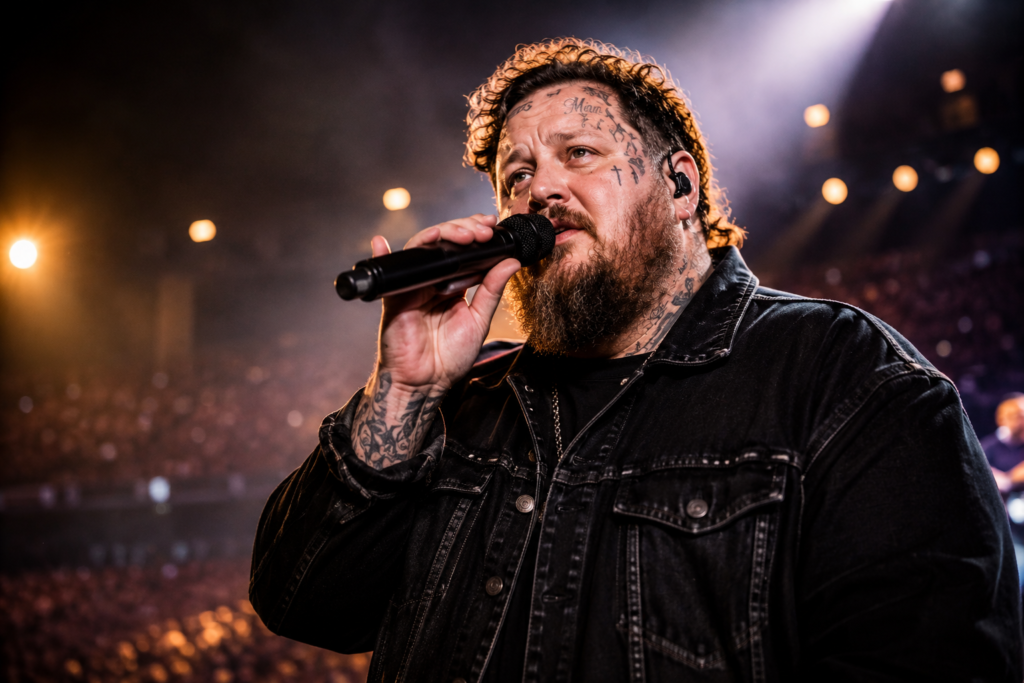 Jelly Roll performs on stage during a live concert, singing into a microphone under bright arena lights.