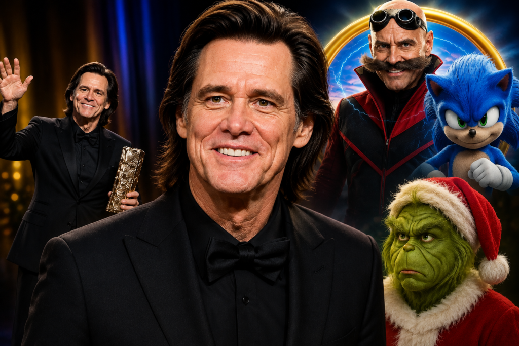 Jim Carrey at the 2026 César Awards with Dr. Robotnik from Sonic the Hedgehog and the Grinch, highlighting his major career milestones in 2026.