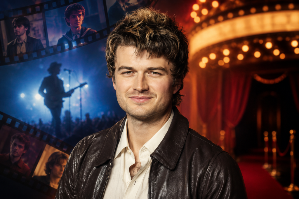 Joe Keery in a leather jacket featured in a cinematic entertainment portrait with film, music, and Broadway-inspired visuals.