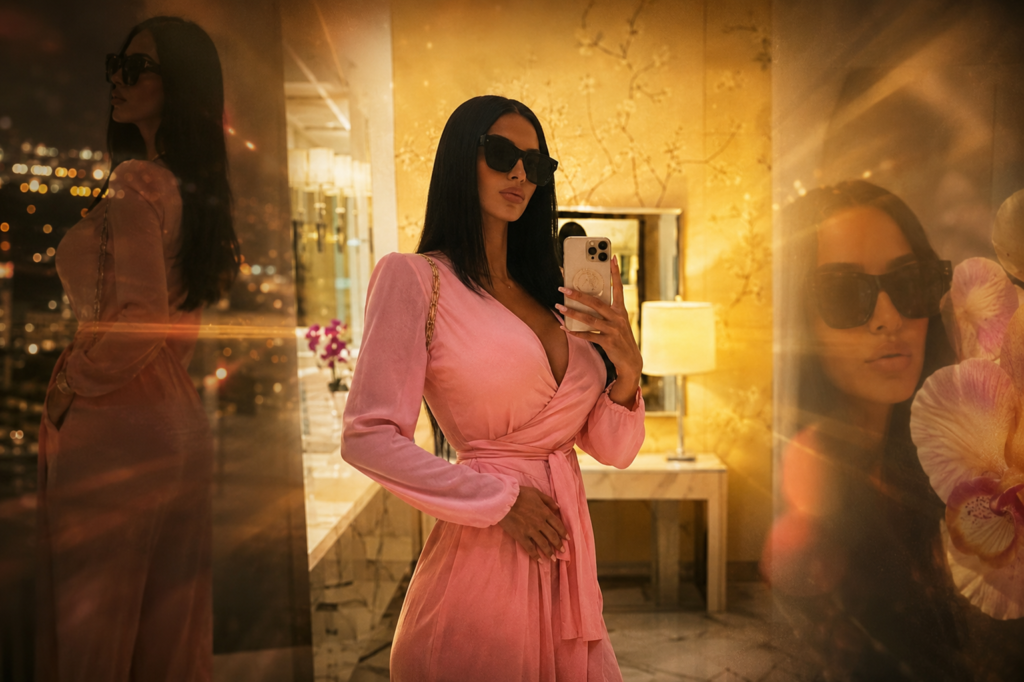 Johanna Leia: Model, Drake’s Ex, and Mom Behind a Landmark NCAA Case Johanna Leia poses for a mirror selfie in a pink wrap dress and sunglasses inside an elegant interior.