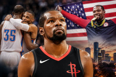 Kevin Durant Honors Russell Westbrook as Rockets Star Enters Contract Year Kevin Durant in a Houston Rockets jersey alongside imagery of Russell Westbrook, Team USA, an Olympic gold medal and the Los Angeles skyline.