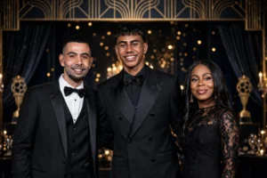 Lamine Yamal’s Parents: Inside Sheila Ebana and Mounir Nasraoui’s Story After Spain’s World Cup Title Alt Text: Three people in formal black-tie attire posing together at a luxury football awards ceremony with golden bokeh background
