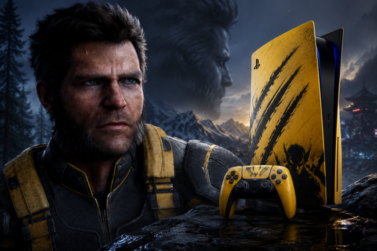 Marvel’s Wolverine Limited Edition PS5: Know Bundle Confirmed Price as Pre-Order Date Marvel’s Wolverine beside the limited-edition Battle Yellow PS5 console and matching DualSense controller in a cinematic forest setting.