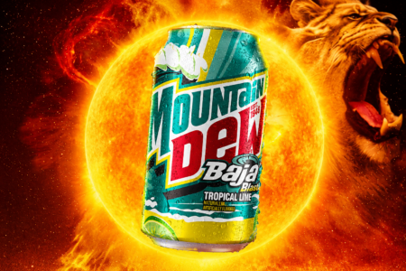 Mountain Dew Baja Leo Launches August 12 in TikTok-Only Bundle A can of Mountain Dew Baja Blast is displayed against a blazing sun with a roaring lion in the background, representing the limited-edition Baja Leo release inspired by the Leo zodiac sign.