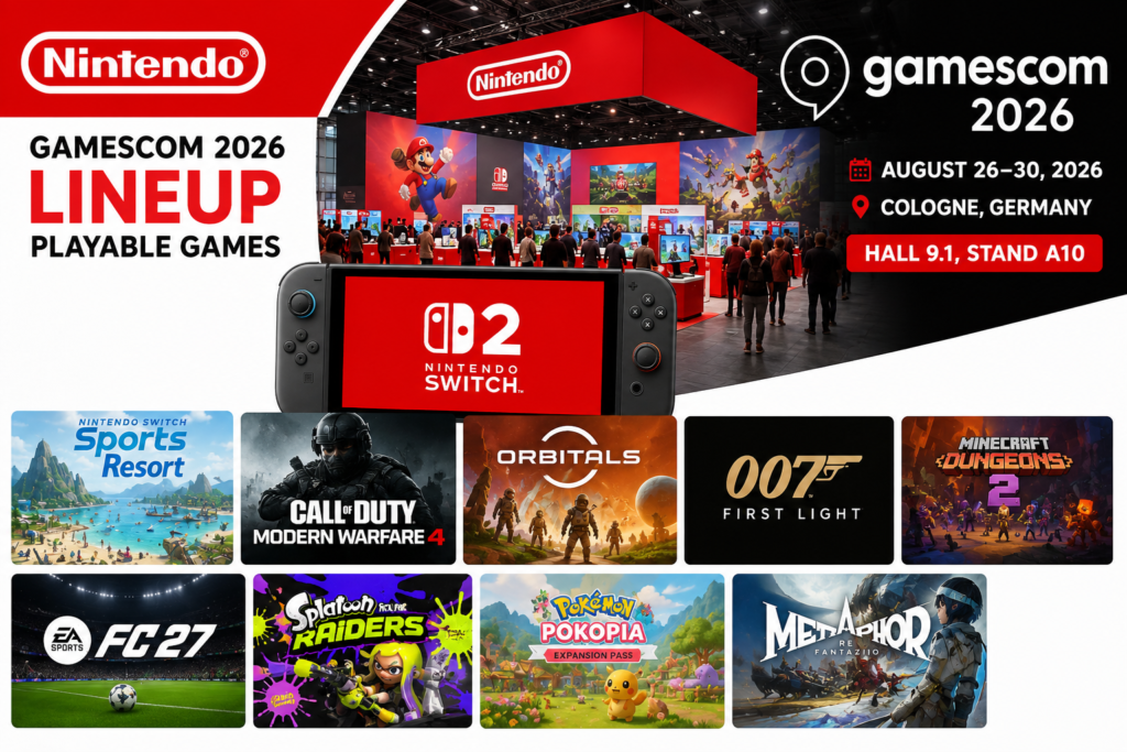 Nintendo’s Gamescom 2026 Booth: Switch Sports Resort and Call of Duty Modern Warfare 4 Lead a Nine-Game Lineup Nintendo Gamescom 2026 booth artwork featuring Nintendo Switch 2 games including Switch Sports Resort, Call of Duty: Modern Warfare 4, Splatoon Raiders, and 007 First Light.