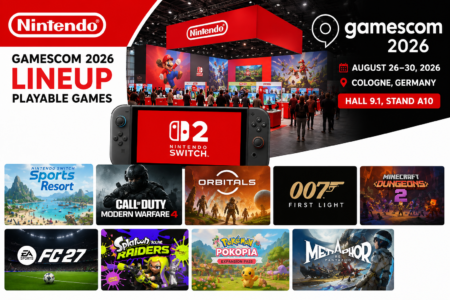 Nintendo’s Gamescom 2026 Booth: Switch Sports Resort and Call of Duty Modern Warfare 4 Lead a Nine-Game Lineup Nintendo Gamescom 2026 booth artwork featuring Nintendo Switch 2 games including Switch Sports Resort, Call of Duty: Modern Warfare 4, Splatoon Raiders, and 007 First Light.