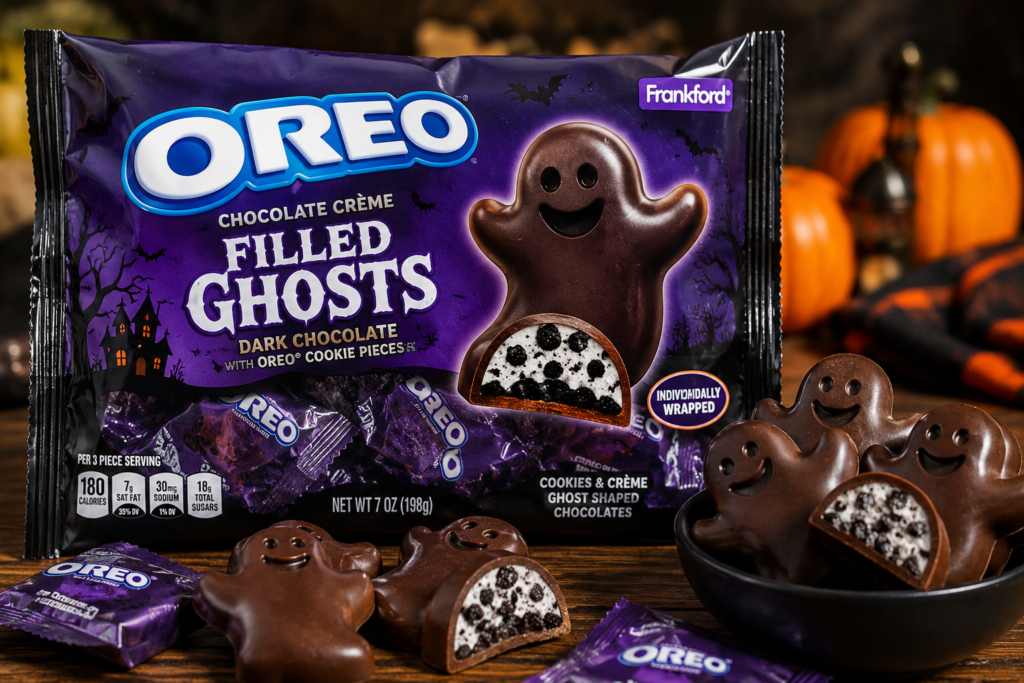 Bag of Frankford Oreo Chocolate Crème Filled Ghosts Halloween candy with individually wrapped dark chocolate ghost treats filled with Oreo cookie pieces and crème.