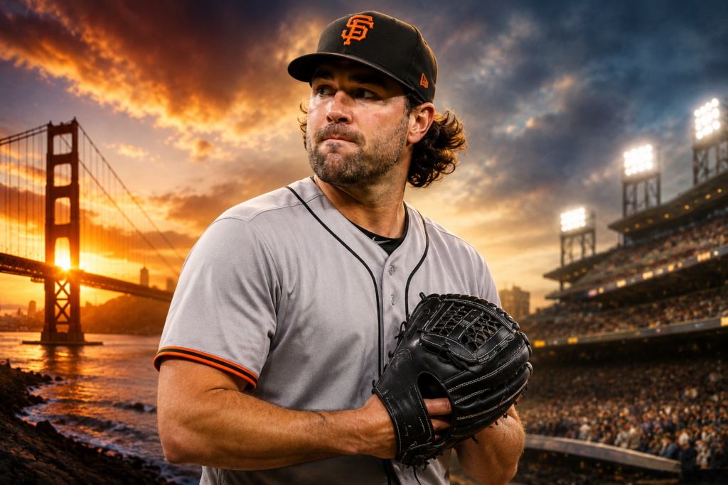 Robbie Ray stands on the field in a San Francisco Giants uniform with a dramatic sunset skyline, stadium lights, and a baseball stadium creating a cinematic backdrop.
