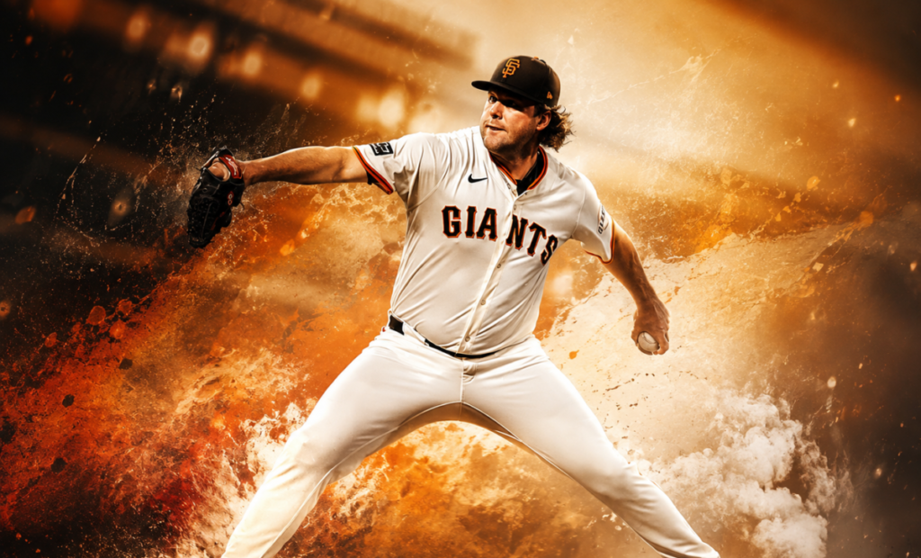 Red Sox Reportedly Acquire Erik Miller From Giants for Marcelo Mayer, Pending Medical Review Erik Miller delivers a pitch in a dramatic, stylized baseball scene with a fiery orange and smoky background, highlighting the intensity of his throwing motion.