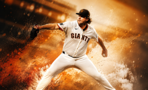 Red Sox Reportedly Acquire Erik Miller From Giants for Marcelo Mayer, Pending Medical Review Erik Miller delivers a pitch in a dramatic, stylized baseball scene with a fiery orange and smoky background, highlighting the intensity of his throwing motion.