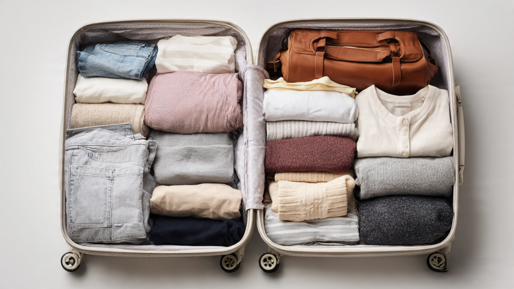 The Best Way to Pack a Suitcase: 10 Popular Methods Ranked and Compared Top-down view of an open suitcase with neatly packed folded clothes and travel essentials, set against a clean white studio background.