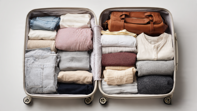 Top-down view of an open suitcase with neatly packed folded clothes and travel essentials, set against a clean white studio background.