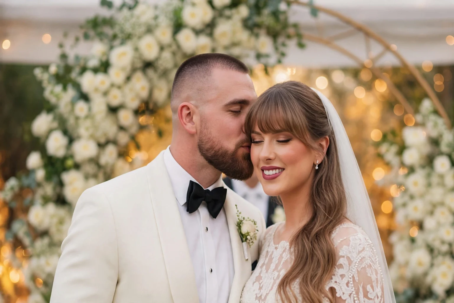 Taylor Swift Wedding Updates: New Vow Details Emerge as Kelce’s Fitness Rumors Get Shut Down Taylor Swift and Travis Kelce embracing at a wedding ceremony beneath a floral arch