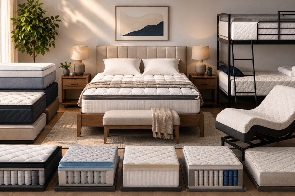 The Complete Guide to Bed and Mattress Sizes, Dimensions, and Types Comparison of standard mattress sizes, bed frames, and mattress types displayed in a modern bedroom showroom with platform, adjustable, and bunk beds.