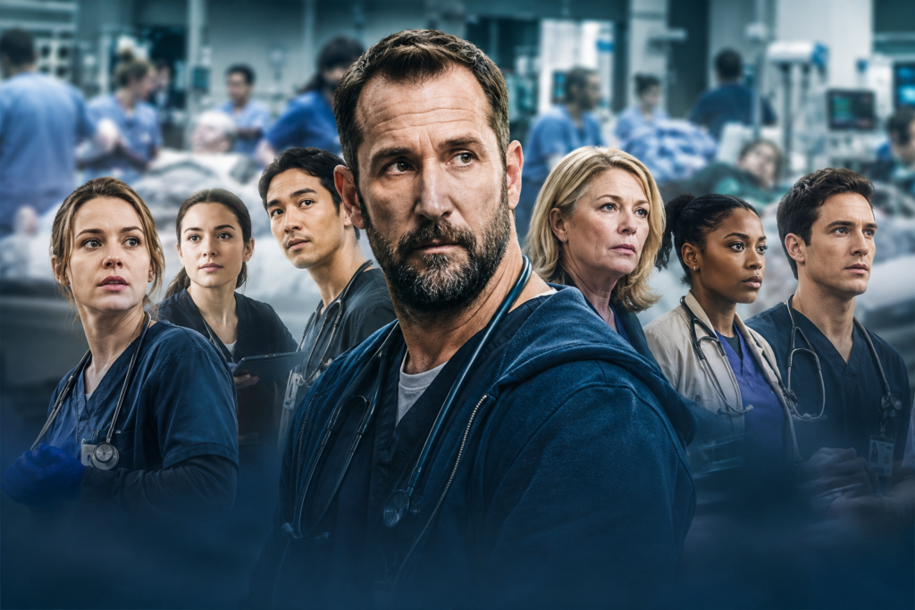 The Pitt Season 3: Release Timeline, Cast Shakeups and Story Changes Explained A dramatic emergency room scene featuring a lead doctor in blue scrubs surrounded by fellow physicians and nurses, with a busy hospital trauma unit blurred in the background, symbolizing the high-pressure world of The Pitt Season 3.