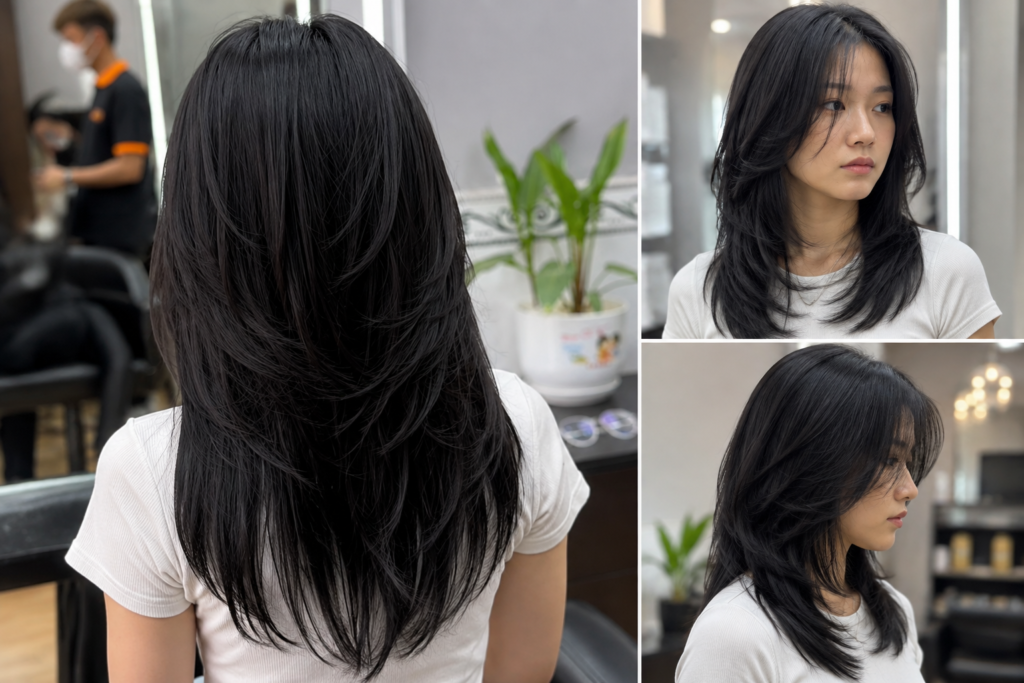 The Short Wolf Cut Is 2026’s Answer to Bob Fatigue, and Vogue Just Made It Official Short wolf cut with layered black hair and face-framing pieces shown from multiple angles in a salon