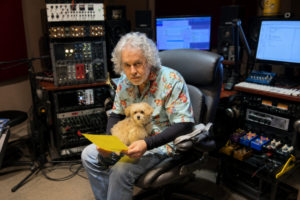 Tommy Detamore, Texas Country Producer and Pedal Steel Guitarist, Dies at 70 Tommy Detamore sits in his recording studio with a small dog on his lap, surrounded by professional audio equipment and recording consoles.
