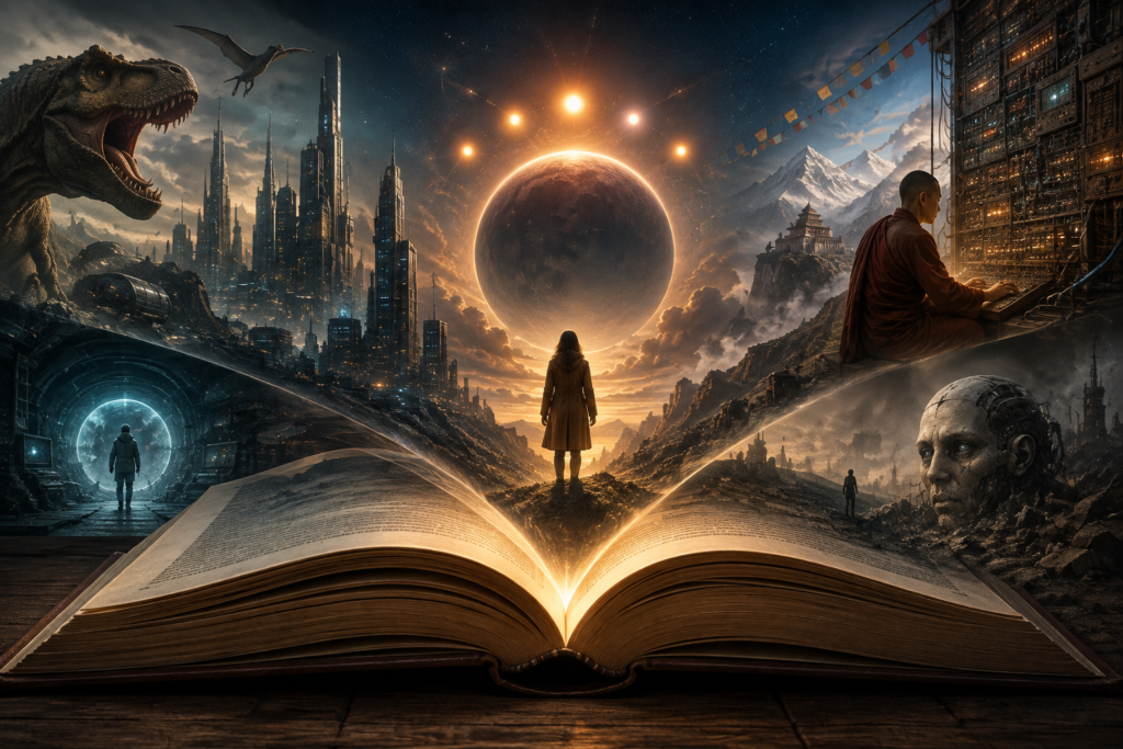 Top 10 Best Sci-Fi Short Stories: A Definitive Ranking Open book displaying iconic science fiction worlds with futuristic cities, space, dinosaurs, AI ruins, and cosmic landscapes representing the greatest sci-fi short stories.
