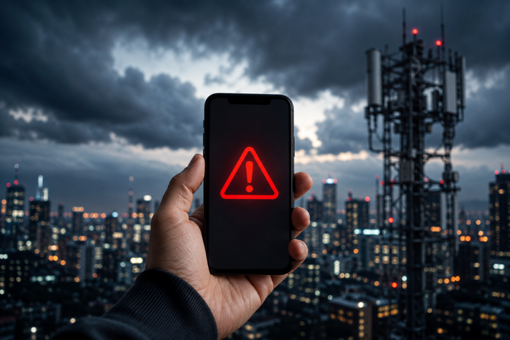 Verizon Outage Update: Is Verizon Down? Los Angeles Fiber Cuts and August 8 Disruption Explained Verizon outage warning on smartphone with a cellular tower and city skyline