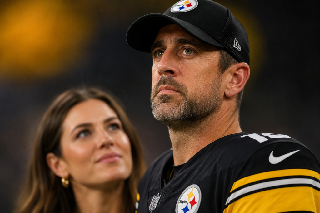 Who Is Aaron Rodgers’ Wife, Brittani? Inside the Family Reunion She Helped Make Happen Aaron Rodgers in Steelers uniform with his wife Brittani in the background