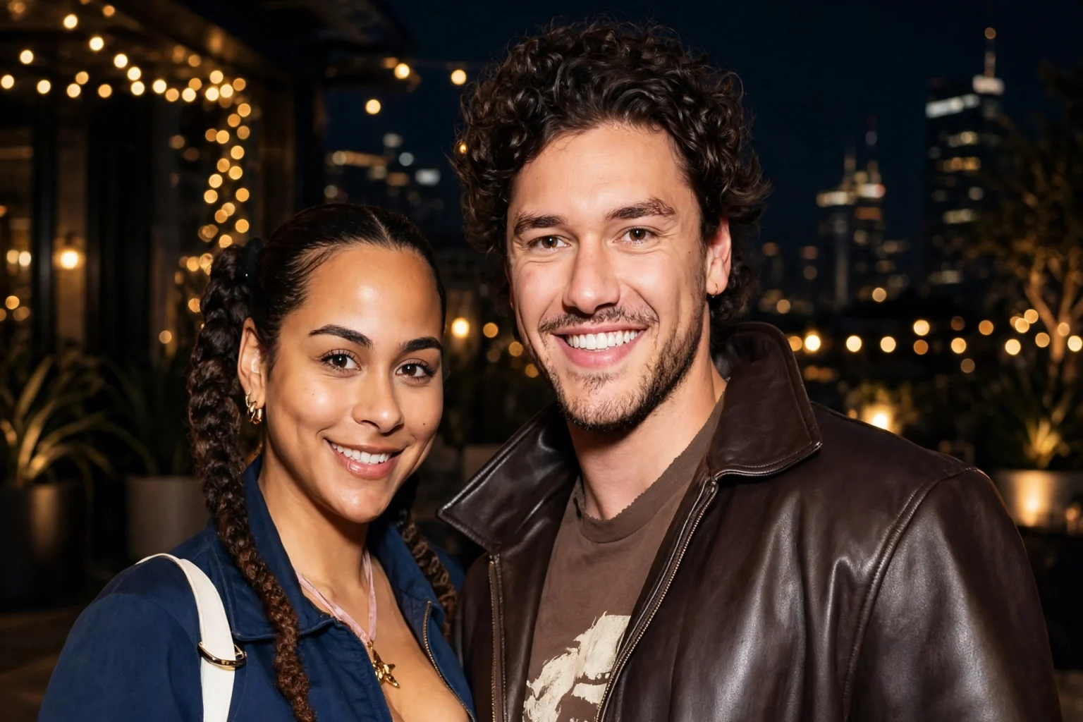 Who Is Belmont Cameli’s Girlfriend? Raina Morris Asks Fans to Stop Contacting Her Family Smiling couple posing together at a luxury rooftop evening event with golden bokeh lights and city skyline in background