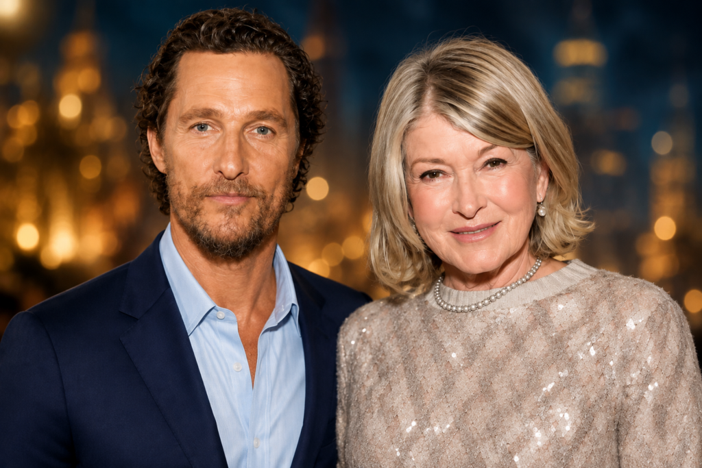 Martha Stewart and Matthew McConaughey featured together in a polished editorial-style portrait against a softly blurred evening background.